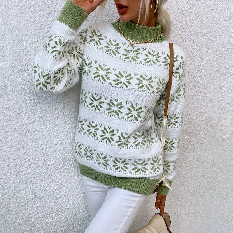 2025 Christmas Jumpers Women Mock Neck Full Sleeve Sweater Snowflake Jacquard Knitwear Warm Thick Pullover Top Xmas Party Look