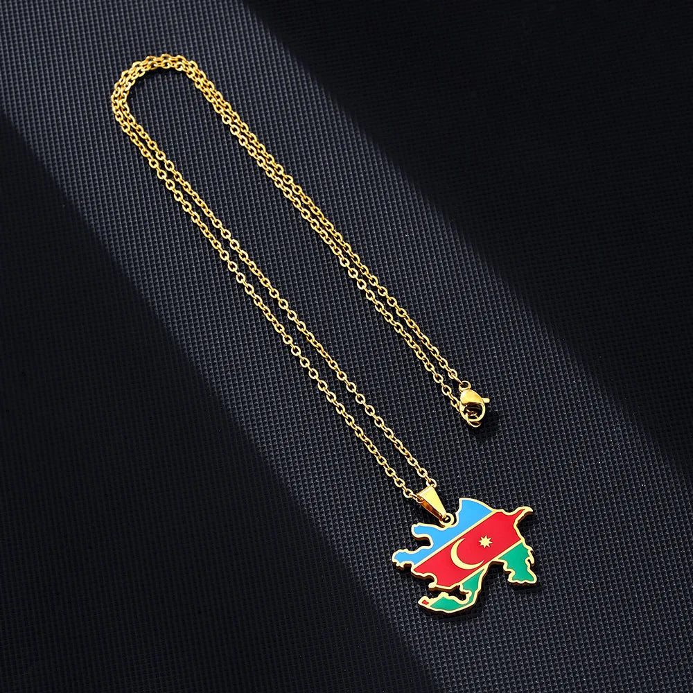 2024 new fashion stainless just Azerbaijan map with flag pendant necklace temperament everything collarbone chain birthday anniv