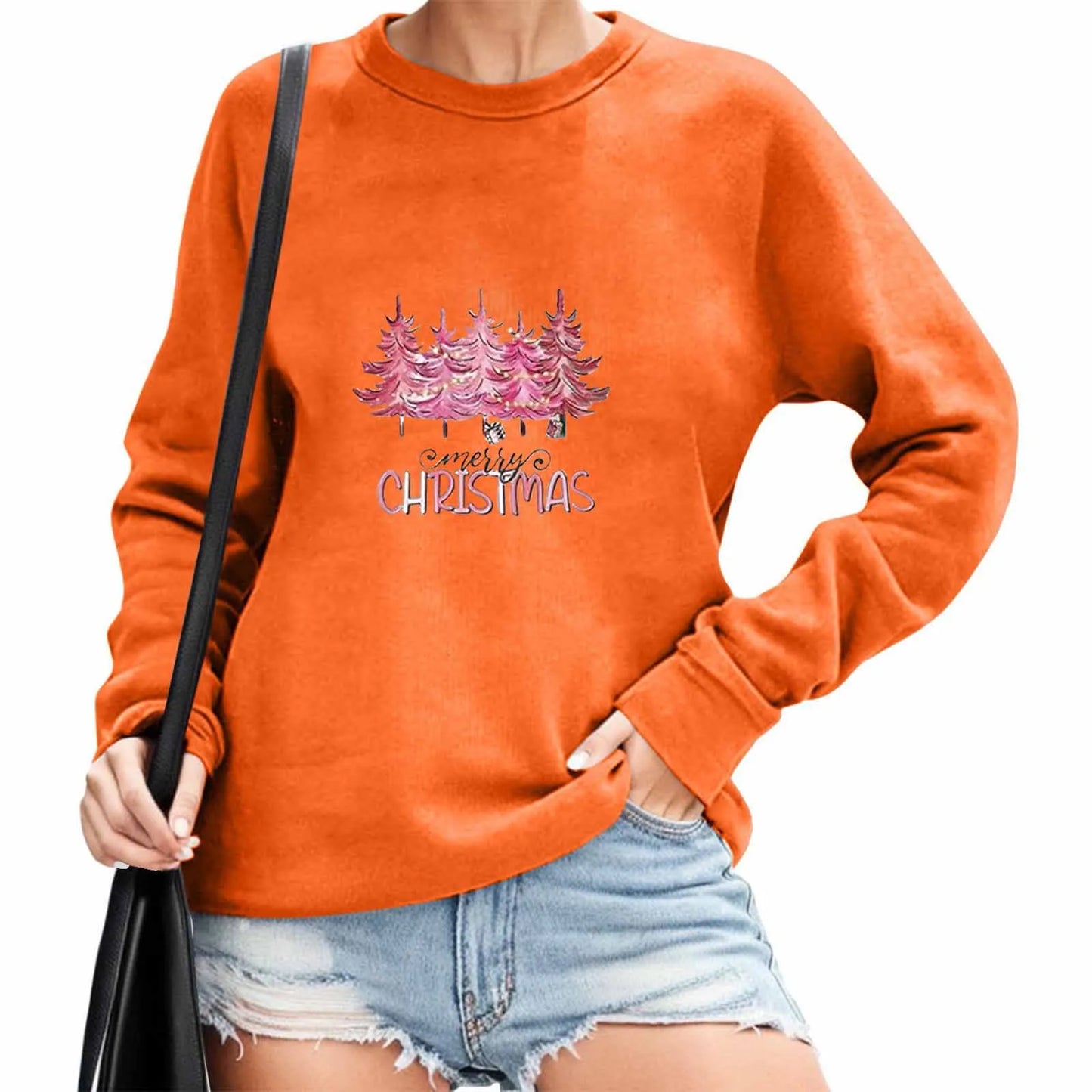 2024 Christmas Pullover Sweater Women's Winter Long Sleeve O-Neck Pullover Sweatshirts Funny Xmas Tree Print Graphic Sweater