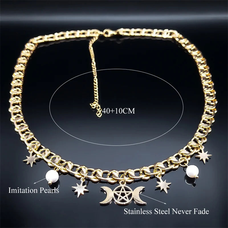 Witch Triple Moon Pentagrams Choker Necklace Stainless Steel Divination Necklaces Korean Aesthetic Jewelry collares N1729S02