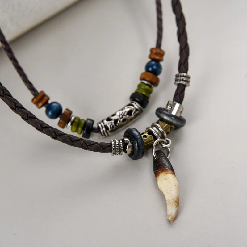 Vintage Men's Wolf Tooth Pendant Necklace Double Layer Leather Rope Necklaces Ancient Tribe Prayer Beaded Choker Charm Chains