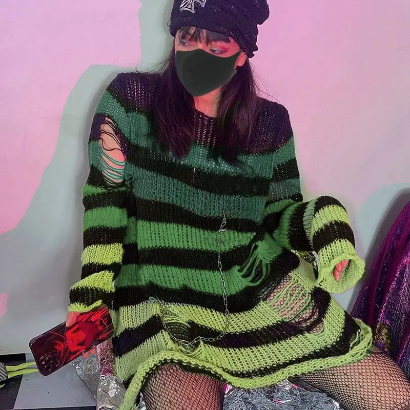 2024 Purple Striped Gothic Sweaters Women Ripped Holes Loose Knitted Pullover Frayed Fairy Grunge Jumpers Emo Streetwear Lolita