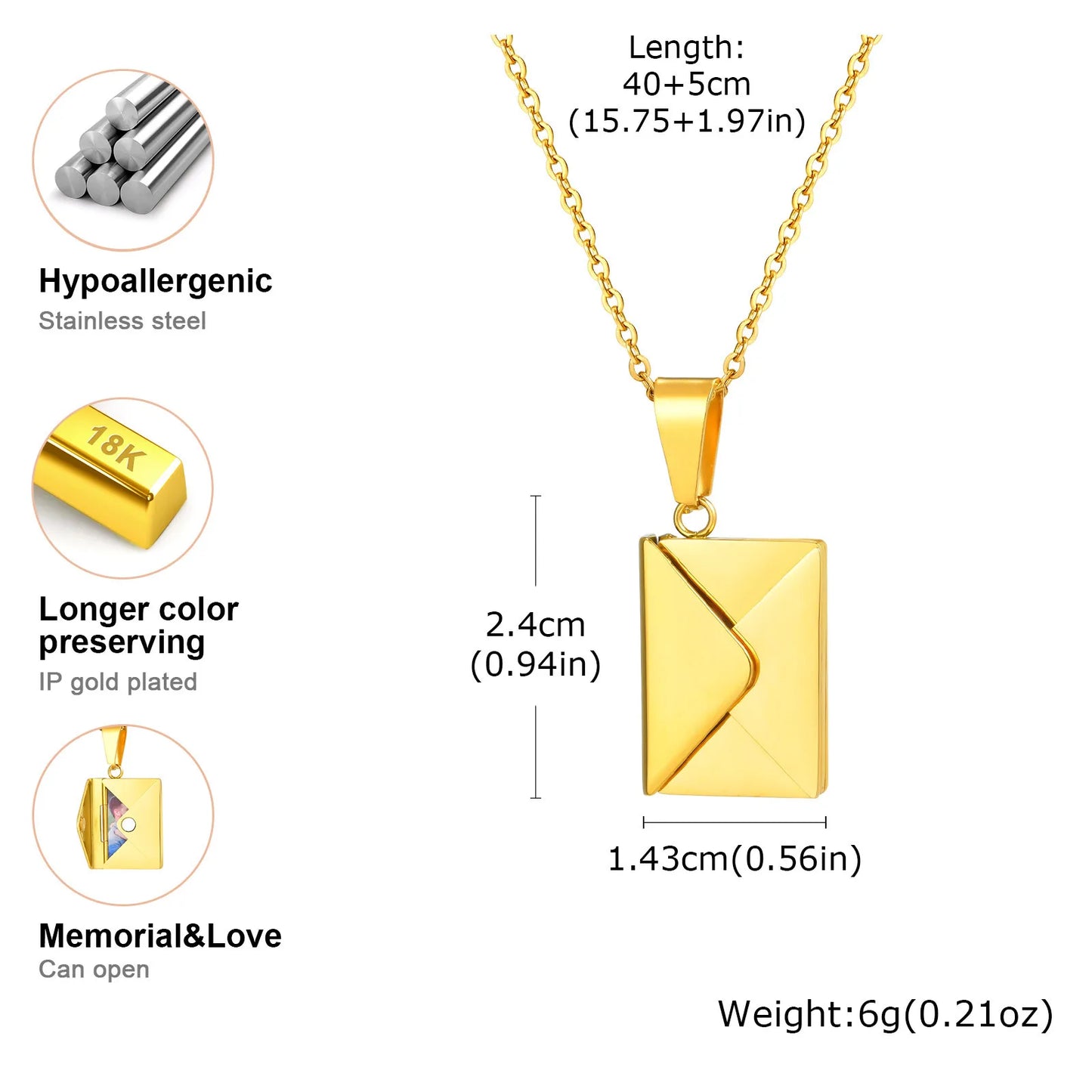 Vnox Envelope Photo Custom Necklace For Women Girls,Stainless Steel Can Open Family Picture Gift Jewelry,Personalized Pendent