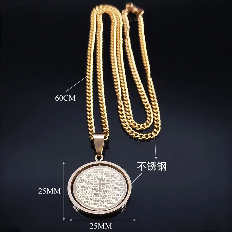 2024 New fashion Prayer Cross pendant necklace Stainless steel Spanish neutral style round pendant collar bone chain accessories