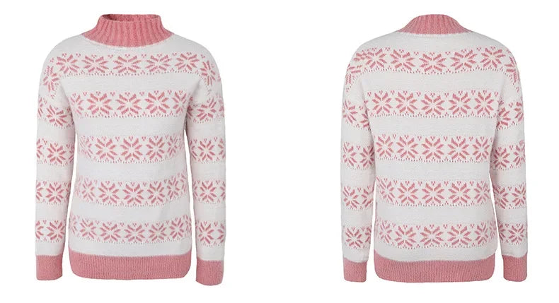 2025 Christmas Jumpers Women Mock Neck Full Sleeve Sweater Snowflake Jacquard Knitwear Warm Thick Pullover Top Xmas Party Look