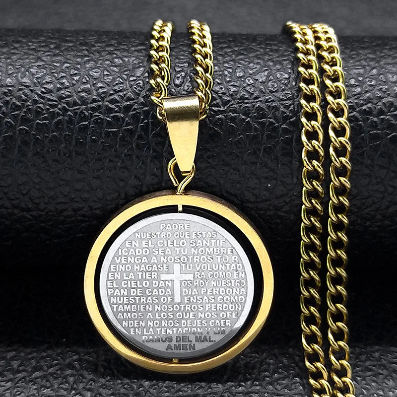 2024 New fashion Prayer Cross pendant necklace Stainless steel Spanish neutral style round pendant collar bone chain accessories