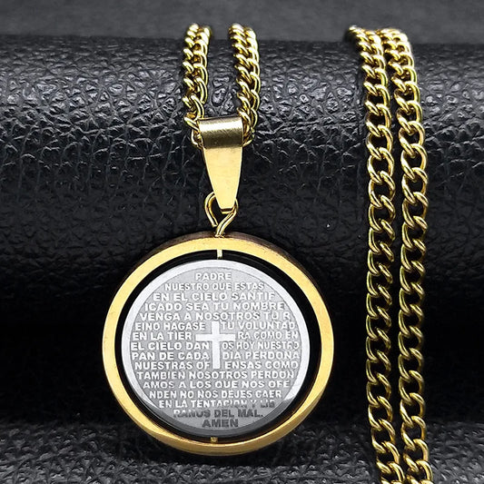 2024 New fashion Prayer Cross pendant necklace Stainless steel Spanish neutral style round pendant collar bone chain accessories