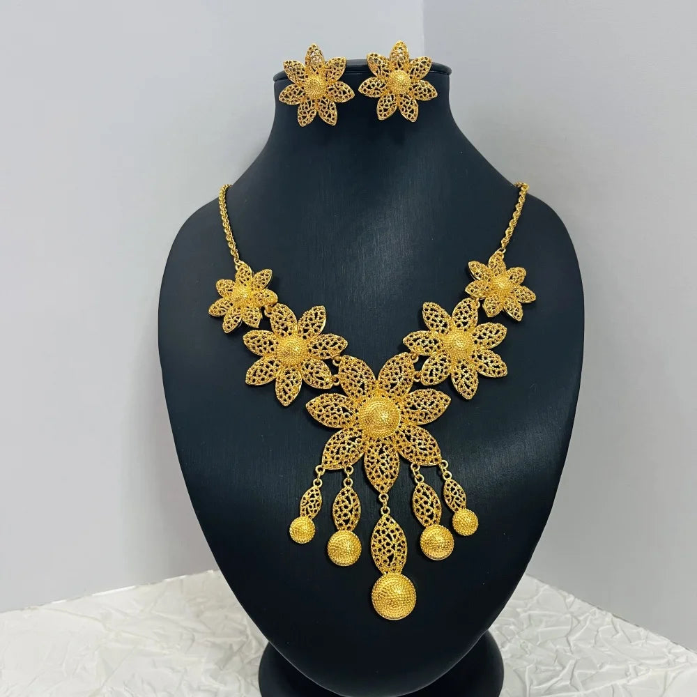 Dubai 24K Gold Color Long Jewelry Sets Wedding African Necklace Earrings For Women Nigerian Indian Bridal Set Party Gifts