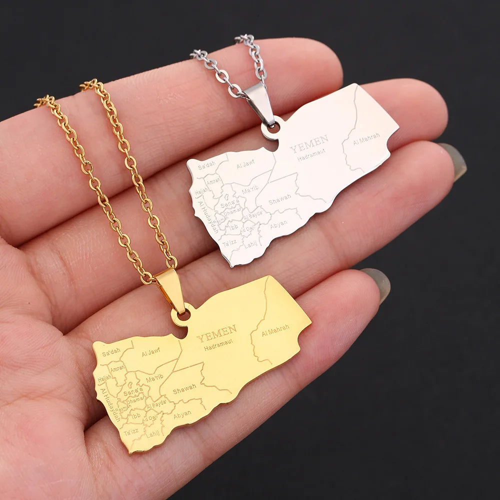 2024 New fashion stainless steel Yemen map and City necklace for men and women geometric titanium steel pendant ethnic style cla