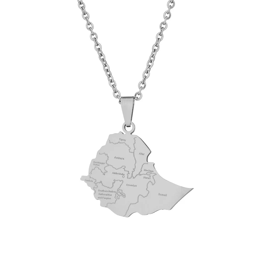 2024 New fashion stainless steel Ethiopia map with city necklace for women and men couples ethnic style accessory collarbone cha