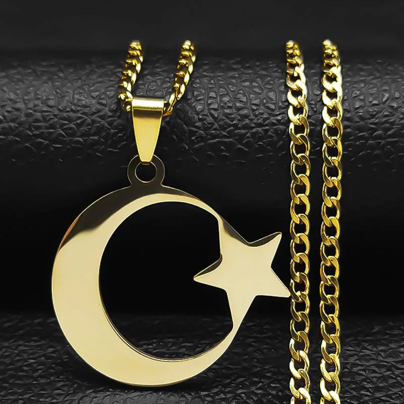 2023 Muslim Islam Moon Star Stainless Steel Chain Necklaces for Women Gold Color Necklace Jewelry collares de mujer N4811S05