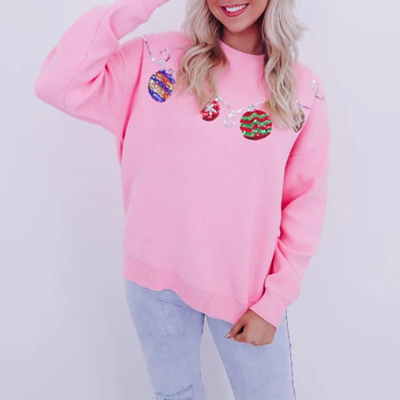 Xingqing Christmas Sweaters y2k Clothes Women Ball Ornament Pattern Round Neck Long Sleeve Pullover Knitted Tops Streetwear