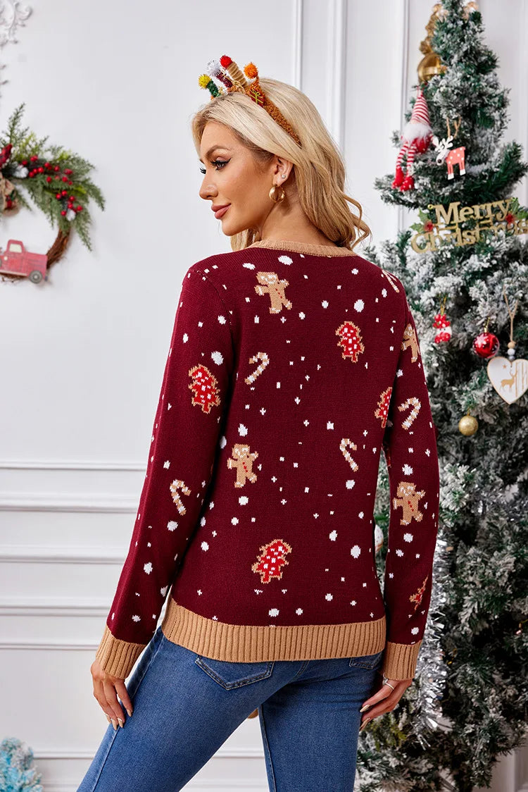 2025Casual Christmas Sweater Women Autumn Winter Gingerbread Man Pattern Long Sleeve Pullover Sweater