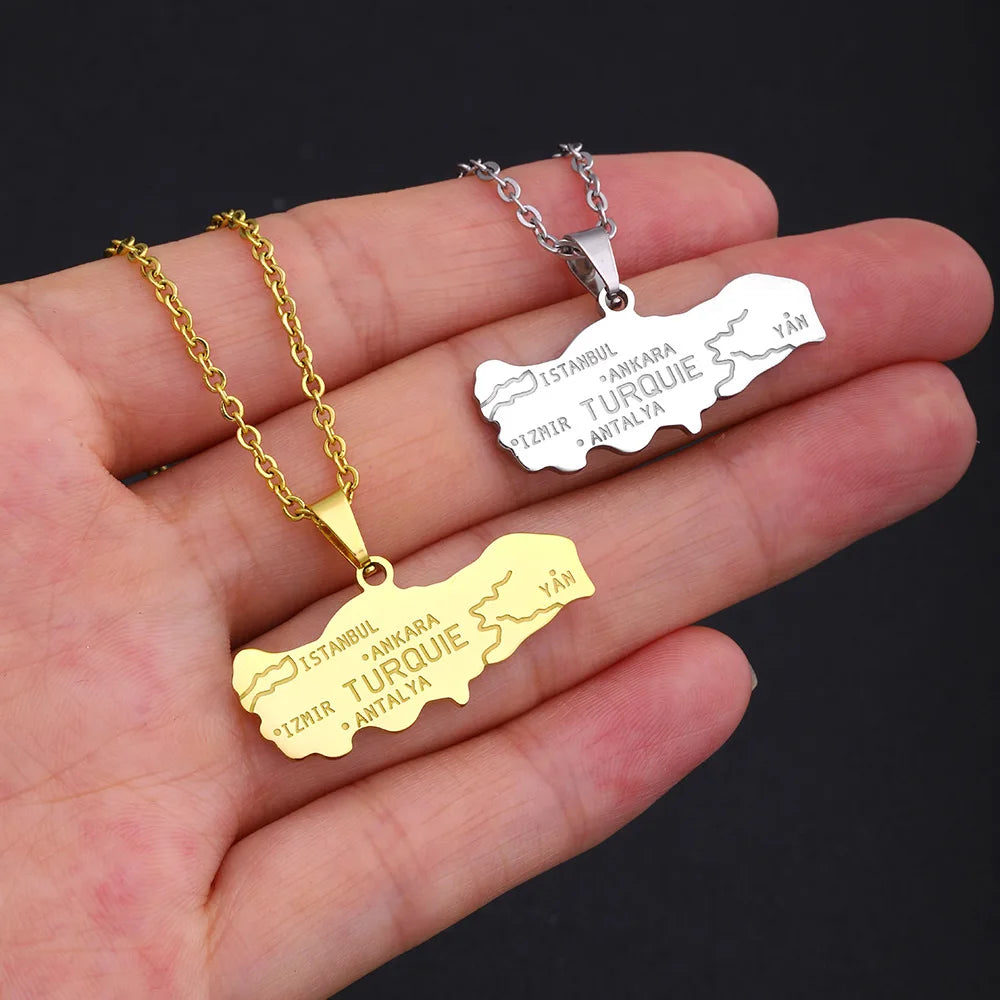 2024 New fashion stainless steel Turkish map necklace for women and men couples ethnic style accessory collarbone chain annivers