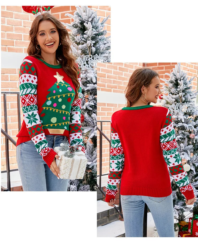 2025 Winter Women Christmas Knit Sweaters Chic Elk Print Jacquard Knitwear Long Sleeve O Neck Pullover Top Soft Warm Jumper Y2k