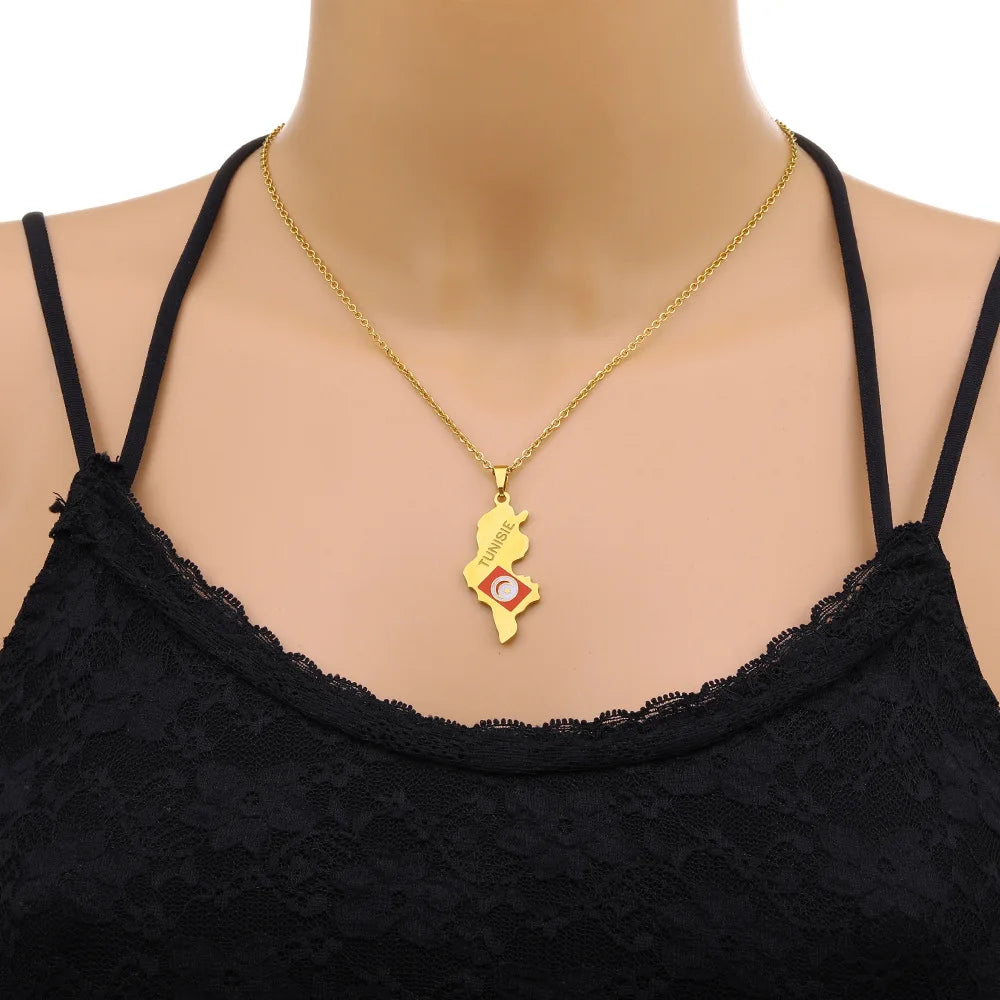 2024 new fashion stainless steel Tunisian map necklace for men and women geometric national style collarbone chain anniversary s