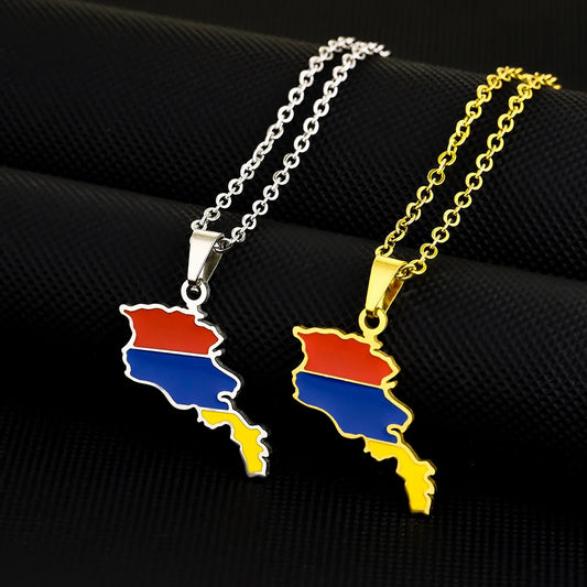 2024 New fashion stainless steel Armenian map flag necklace women's all-matching metal sweater chain niche accessories