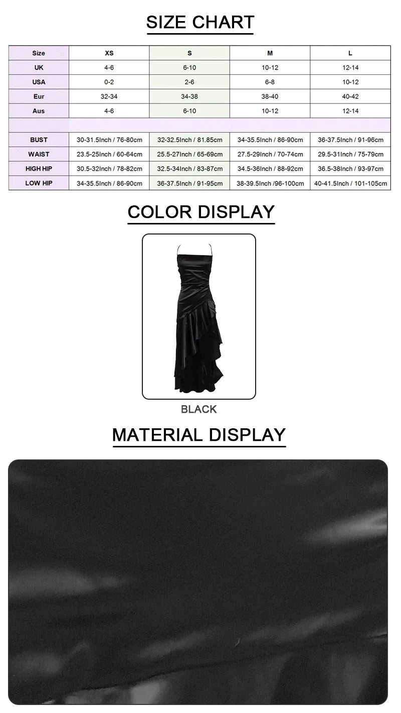VC Elegant Black Satin Maxi Dress with Crisscross Spaghetti Straps and High Slit Ruffled Hem for High - Profile Occasions