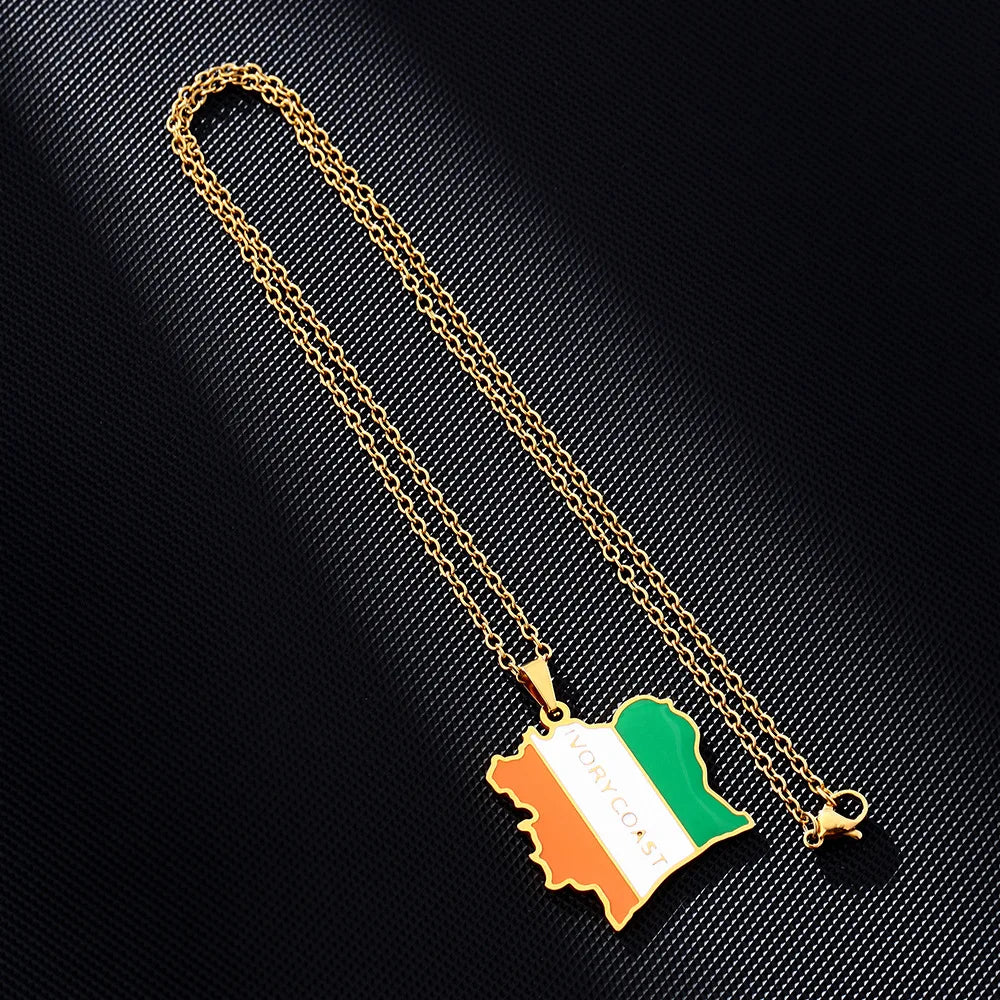 2024 new fashion stainless Cote d 'Ivoire map with flag pendant necklace temperament everything collarbone chain birthday annive