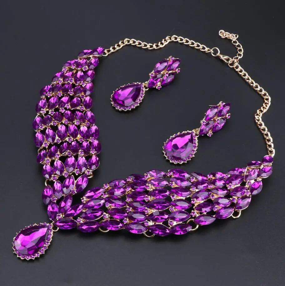 New Green Crystal Statement Necklace Earrings Set Gold Color Jewelry Sets Indian Bridal Wedding Costume Jewellery