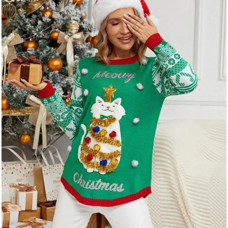 Y2k Style Women's Christmas Sweaters 3d Cartoon Cat Knitted Jumper Full Sleeve O Neck Soft Loose Knitwear Xmas Look Pullover Top