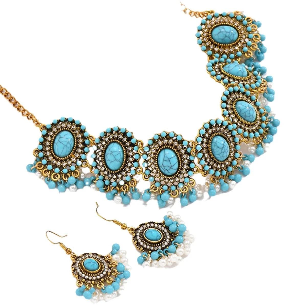 Vintage 2 piece Jewelry Set Inlaid Turquoise Stone Match Daily Wear Party Accessories Women's Necklace Earrings Sets
