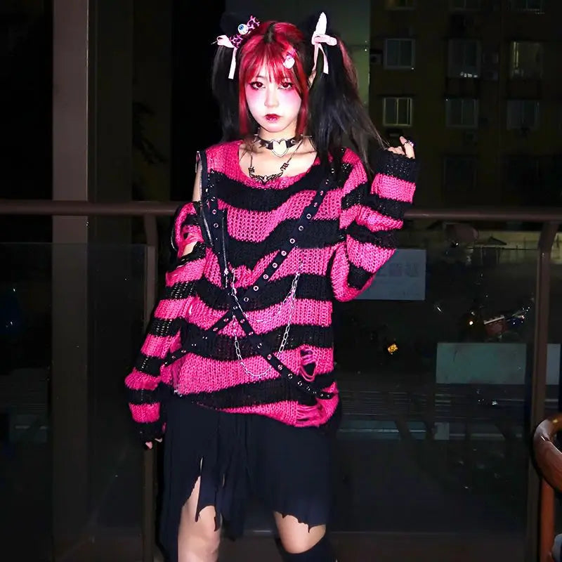 2024 Purple Striped Gothic Sweaters Women Ripped Holes Loose Knitted Pullover Frayed Fairy Grunge Jumpers Emo Streetwear Lolita