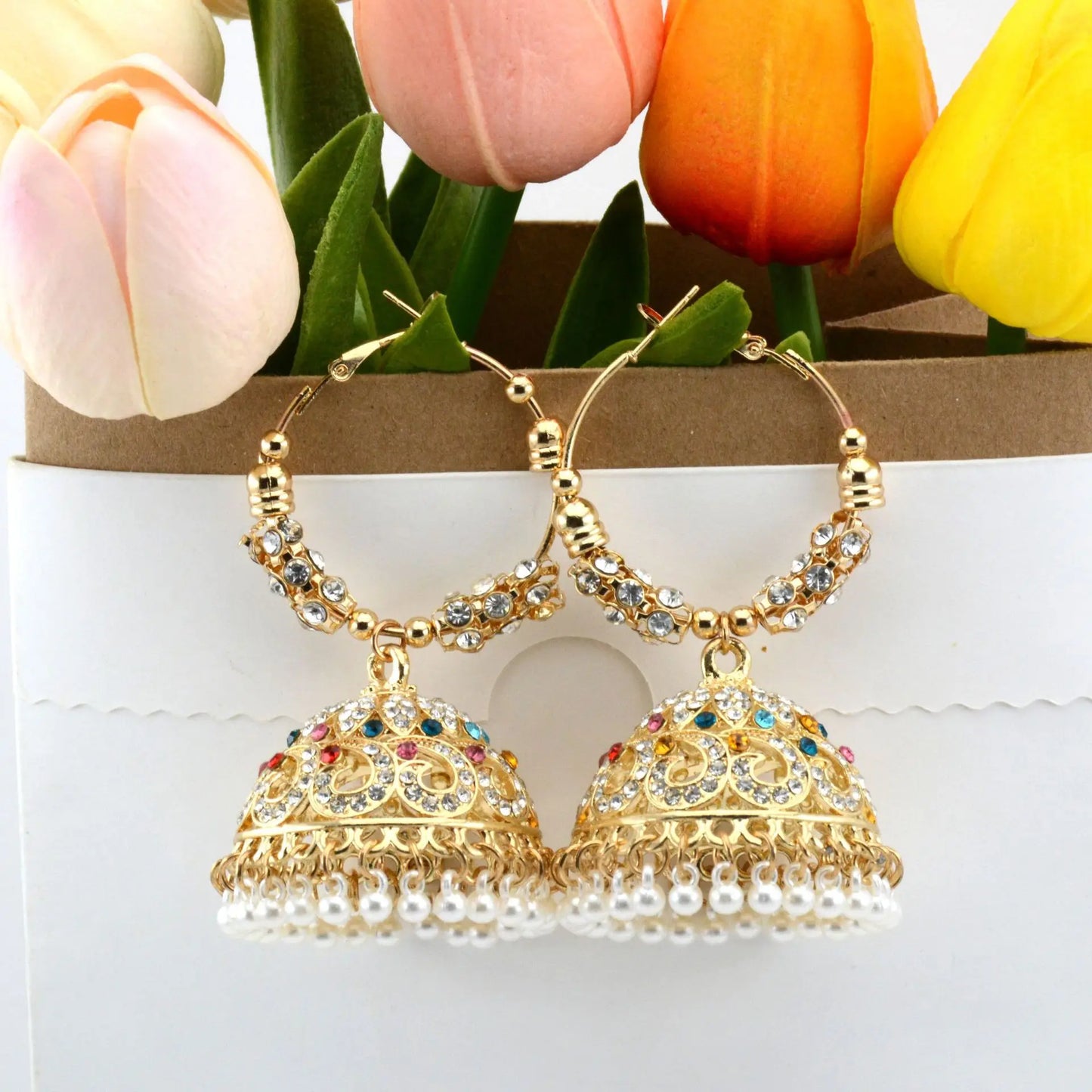 1 Pair Indian Bollywood Jhumka Earrings, Colorful Rhinestone Hollow Pearl Pendant Tassel, Women's Daily Wear Banquet Party Gift