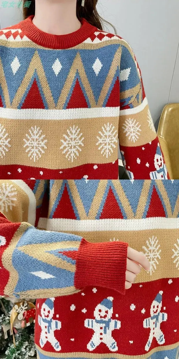 2025 Autumn Winter New Loose Oversized Sweater Women Christmas Snowflake Knitted Longline Thickened Pullover