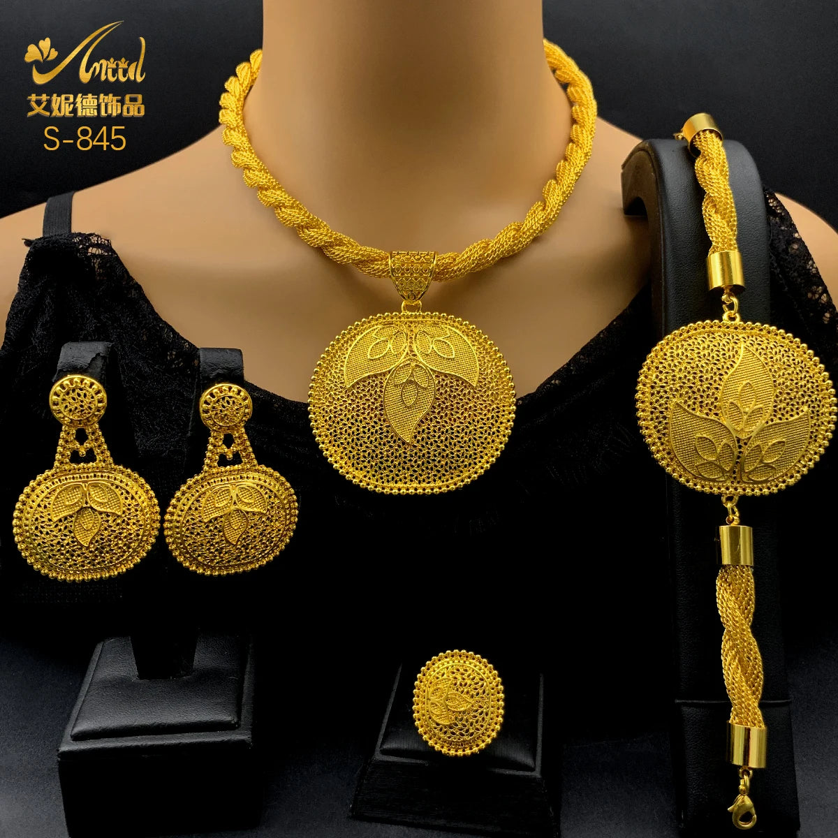 Luxury Indian Dubai Irregular Necklace And Earrings Jewelry Sets For Women Ethiopian Bridal 24k Gold Color Set Wedding