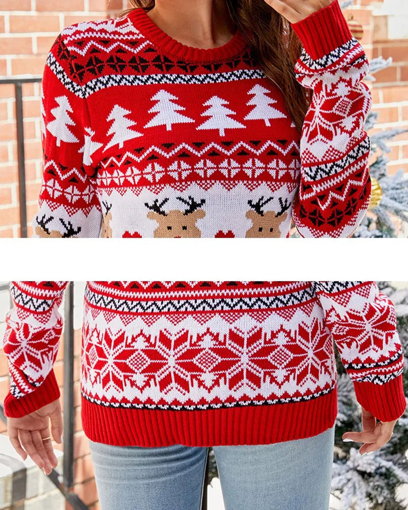 2025 New Trendy Lazy Style Printed Flannel Casual Pullover Christmas Knit Sweater For Women Autumn/Winter Knitted Sweater