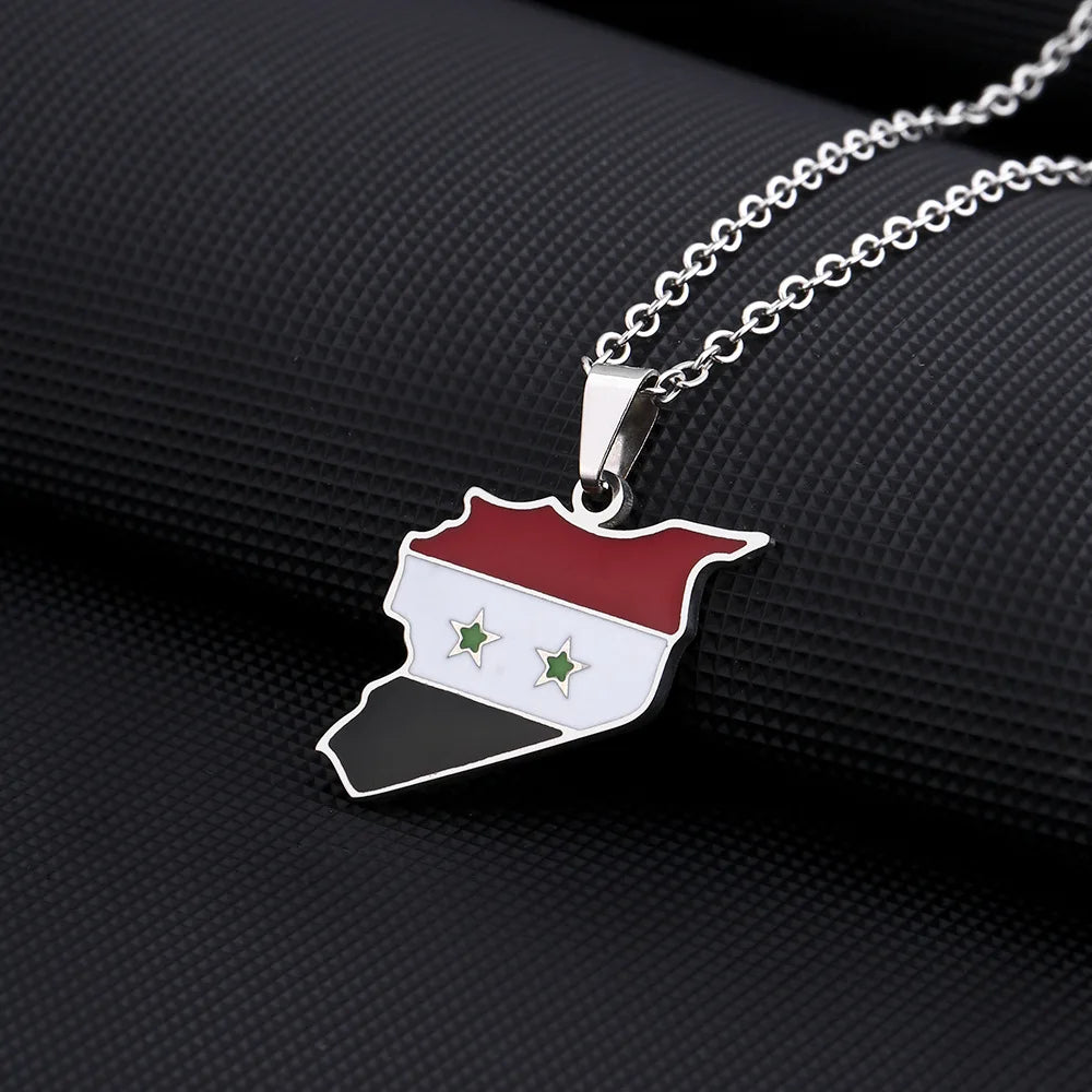 2024 New fashion stainless steel Syria map and flag necklace men's and women's temperament matching couple sweater chain accesso