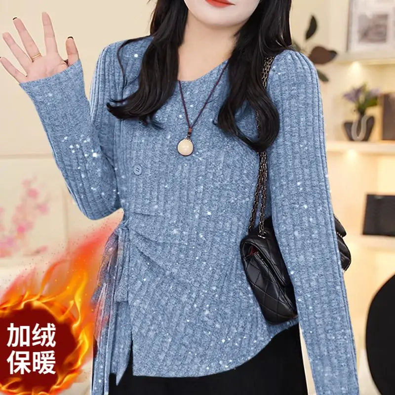 Temperament Waist-hugging and Fleece Tied Shoulder Sweater Keeps Warm in Autumn and Winter Irregular Sequins Fashionable
