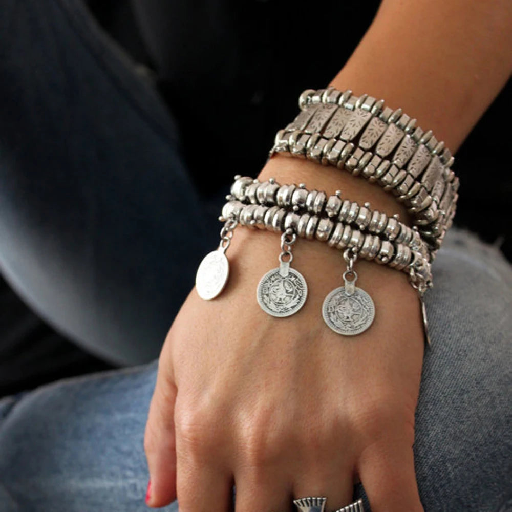 Vintage Silvery Golden Coins Bracelet for Women Men Boho Hippie Beach Party Afghan Turkish Marseille Ethnic Bracelets Jewelry