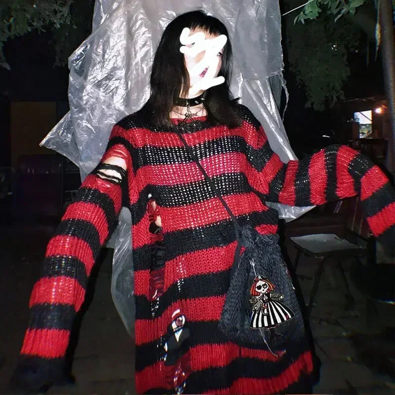 2024 Purple Striped Gothic Sweaters Women Ripped Holes Loose Knitted Pullover Frayed Fairy Grunge Jumpers Emo Streetwear Lolita