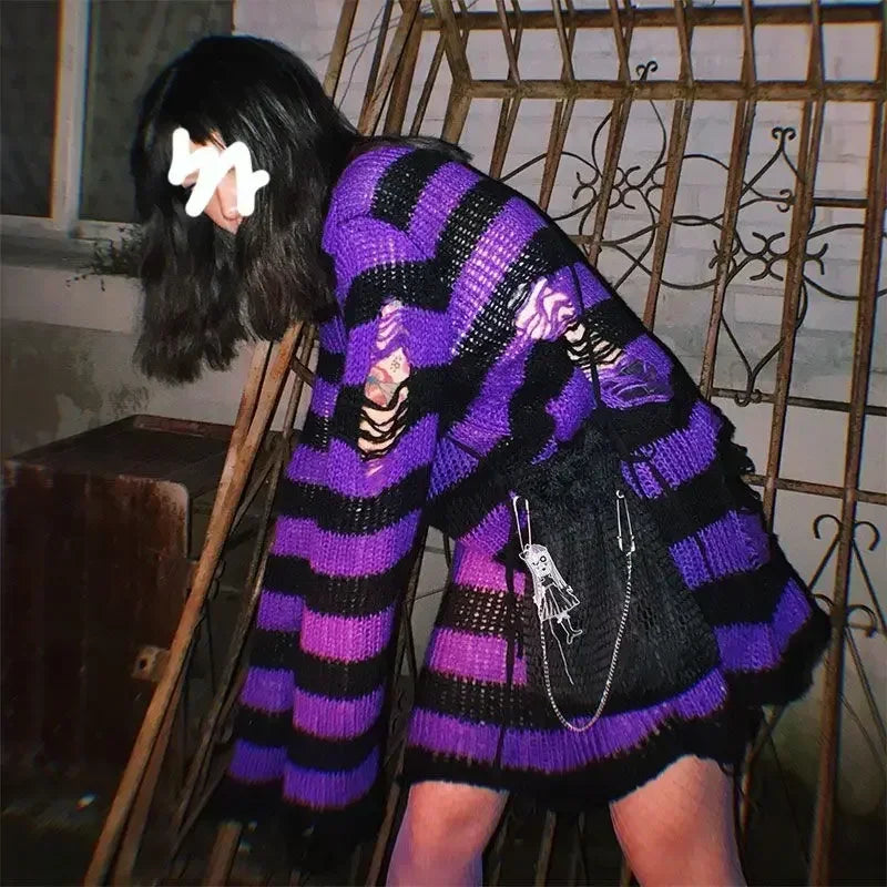 2024 Purple Striped Gothic Sweaters Women Ripped Holes Loose Knitted Pullover Frayed Fairy Grunge Jumpers Emo Streetwear Lolita