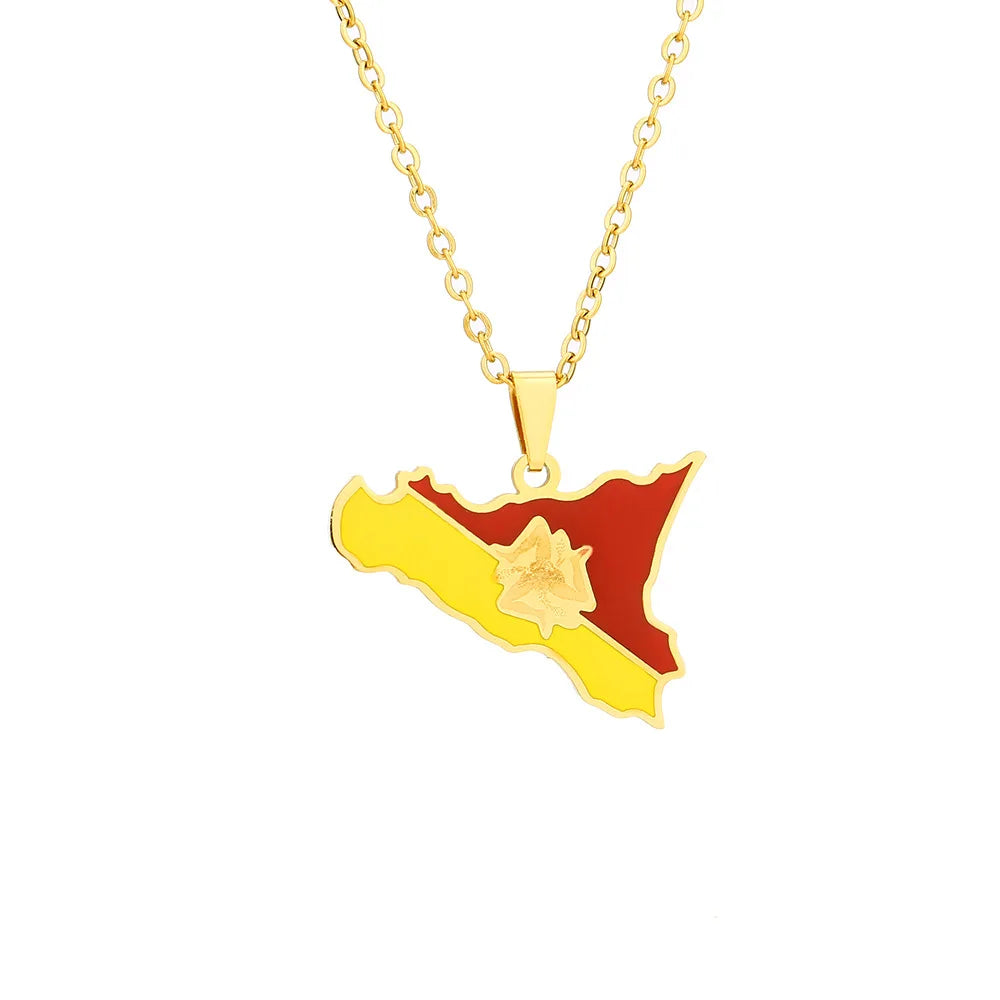 2024 New fashion stainless steel Sicily map and flag necklace for men and women couples ethnic style collarbone chain accessorie