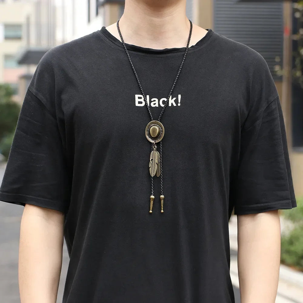 Vintage Cowboy Jazz Hat Alloy mens bolo tie Men Women Leather Rope Long Necklace Sweater Chain shirts Bolo Tie Men Accessories