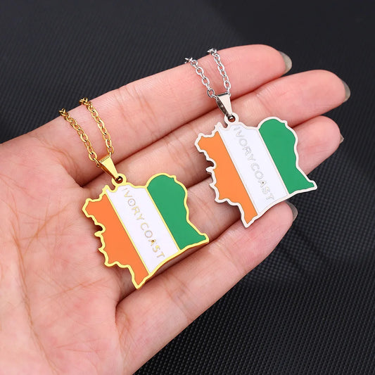 2024 new fashion stainless Cote d 'Ivoire map with flag pendant necklace temperament everything collarbone chain birthday annive