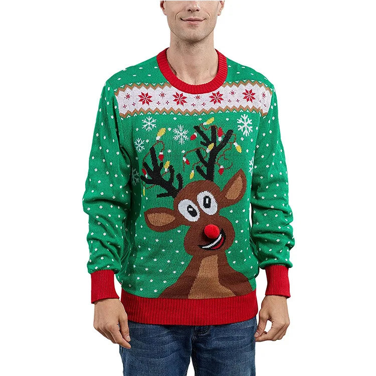 2025 Winter Mens Christmas Sweater Cute Elk Print Jacquard Knitwear Full Sleeve O Neck Knit Jumper Xmas Look Soft Warm Pullover