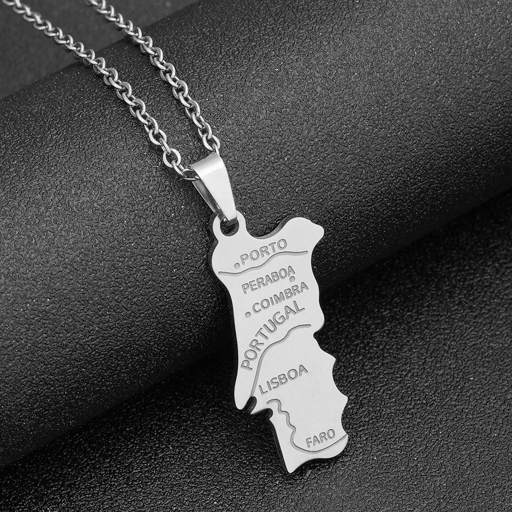 2024 new fashion stainless steel Portugal map pendant necklace temperament everything collarbone chain birthday anniversary gift