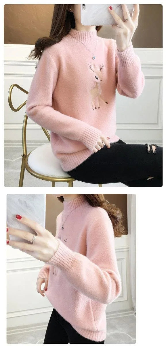 2023 Christmas Sweater Women Faux Mink Cashmere Half High Collar Pullover Fleece Winter Clothes Embroidery Deer Warm Jumper