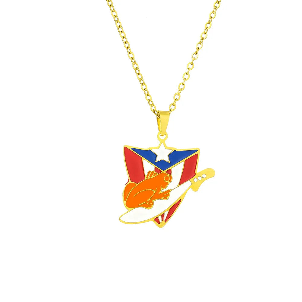 2024 New fashion stainless steel vintage dripping stainless steel Puerto Rico flag pendant necklace temperament everything colla