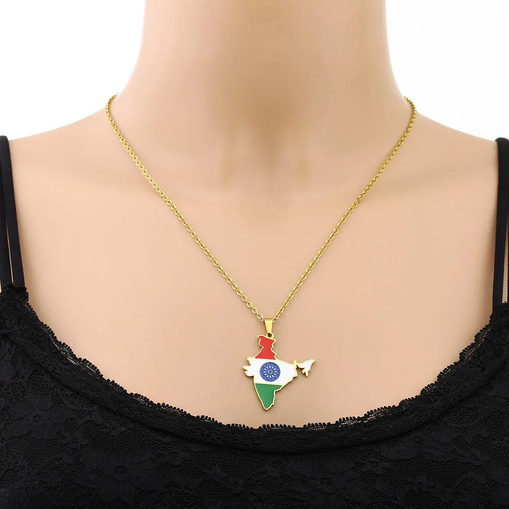 2024 new fashion stainless steel vintage dripping stainless steel Indian flag map pendant necklace temperament everything collar