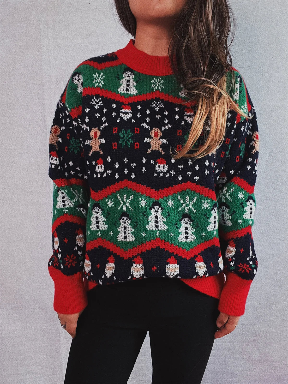 Sueter Mujer 2024 Korean Casual Christmas Sweater Women O Neck Spliced Jacquard Long Sleeves Knitwear Warm Pullover X686