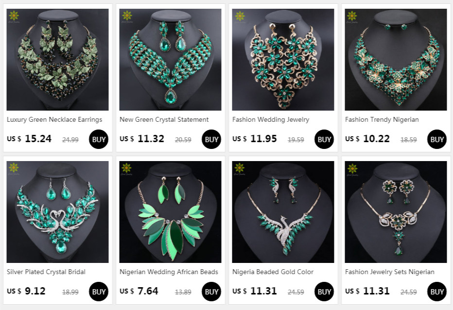 New Green Crystal Statement Necklace Earrings Set Gold Color Jewelry Sets Indian Bridal Wedding Costume Jewellery