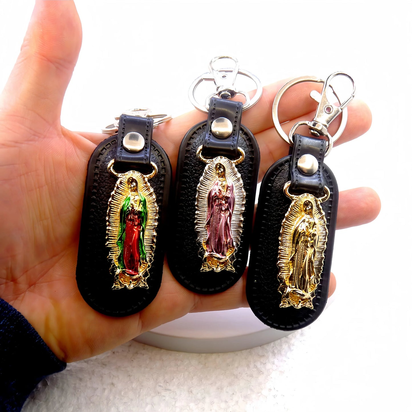 1pc Metal PU Leather Virgin Maria Mama Pendant Keyring Keychain Religious Ornament