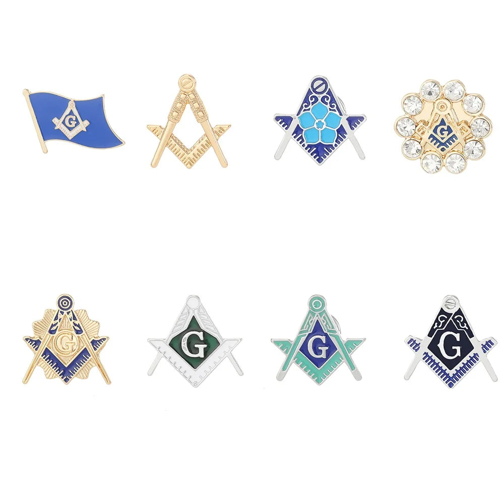8 Styles Classic Masonic Symbols Enamel Brooches Funny Freemason Emblem Golden Pins
