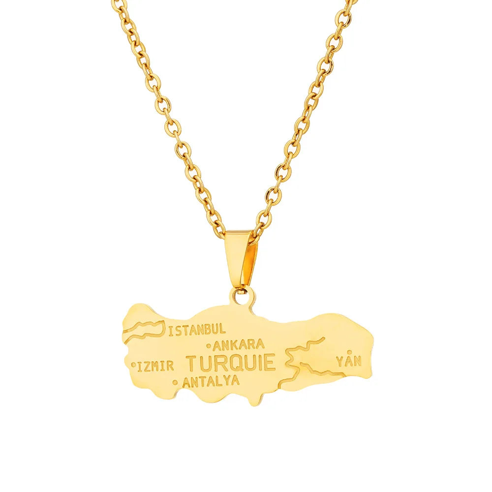 2024 New fashion stainless steel Turkish map necklace for women and men couples ethnic style accessory collarbone chain annivers