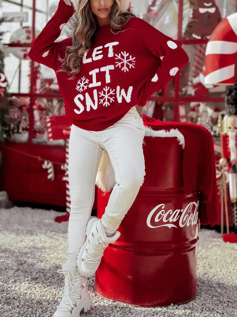 2025 Winter Women's Knitted Sweater Let It Snow Jacquard Jumper Full Sleeve Christmas Look Pullover Xmas Party Clothes Knitwear